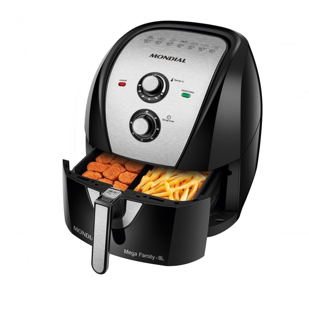 Fritadeira sem óleo Mondial Mega Family 8L preto e inox, com bandeja aberta e alimentos fritos