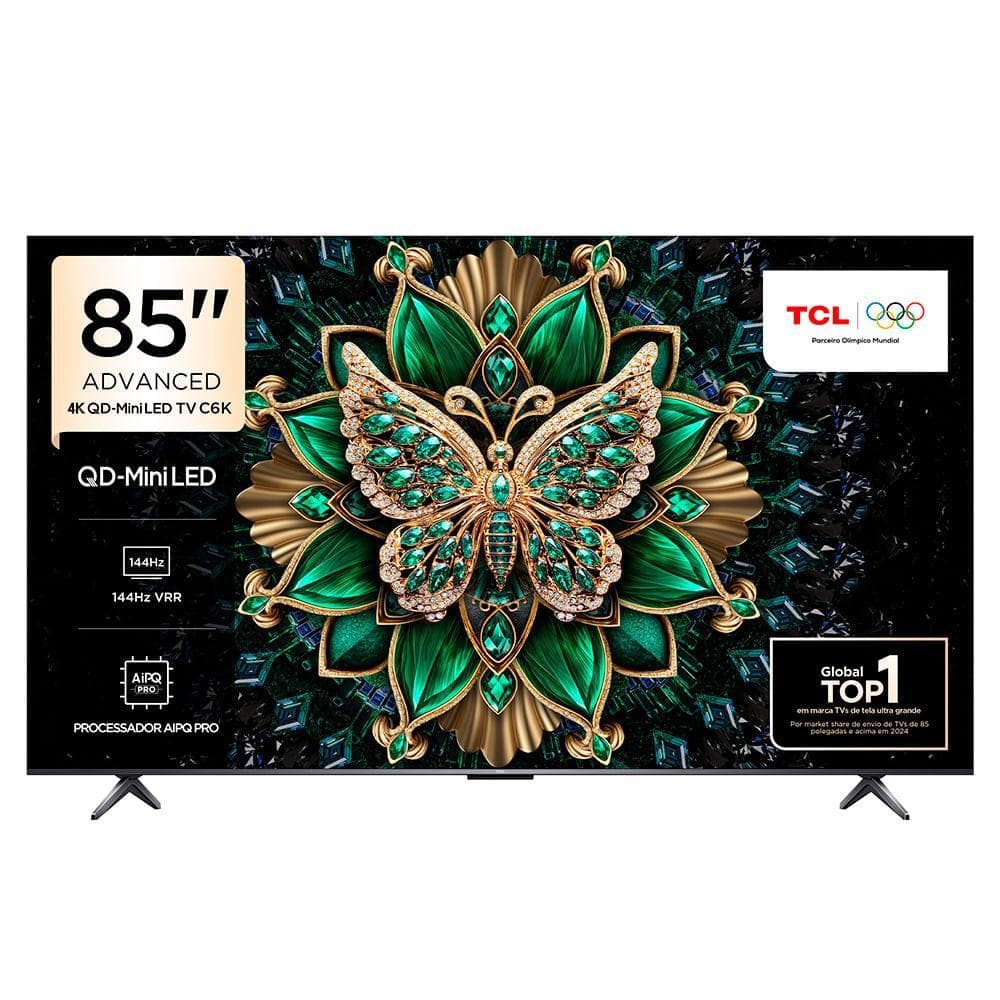 Smart TV 4K TCL QD-Mini LED 85 polegadas com borboleta decorativa verde e dourada
