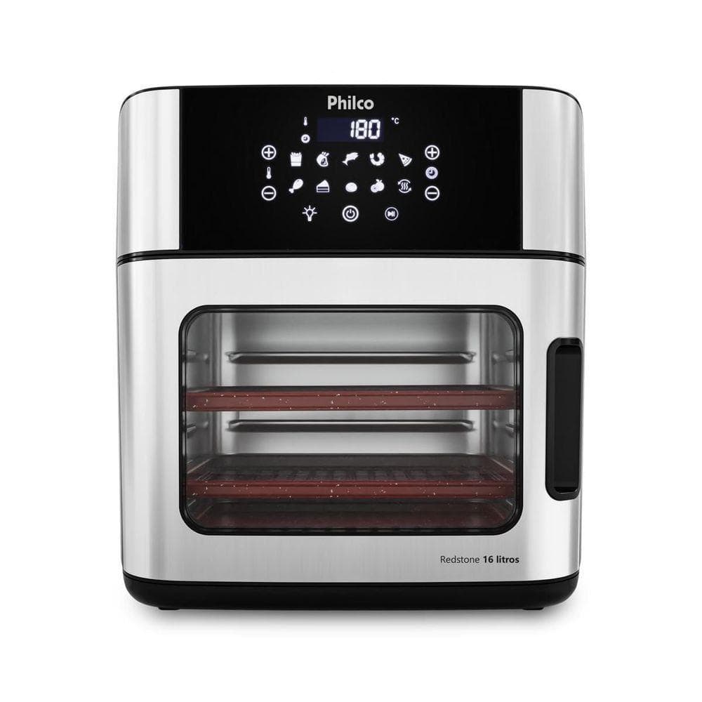 Fritadeira elétrica Philco 16L com painel digital, aço inoxidável e preto, 180°C, 3 prateleiras vermelhas