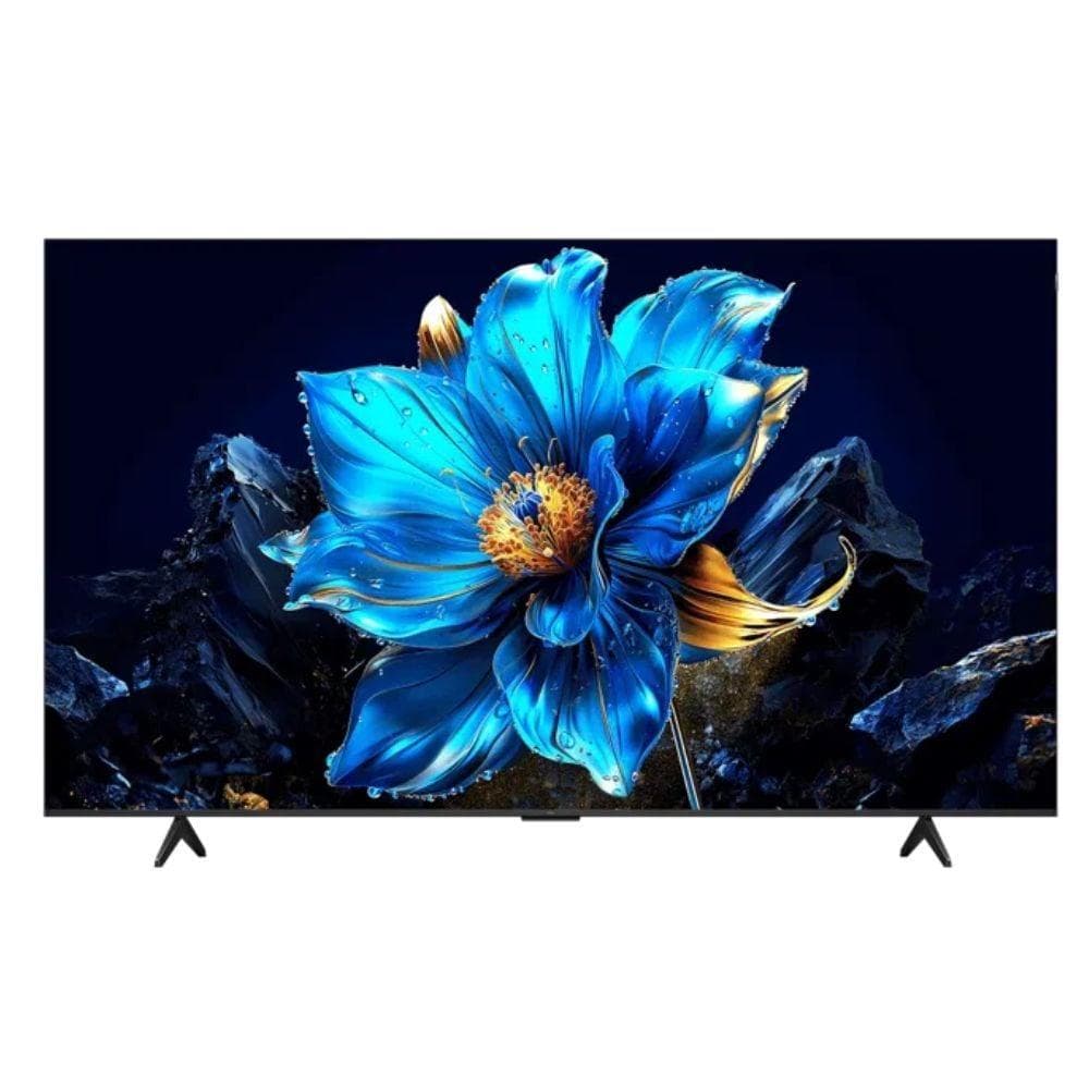 Imagem de uma Smart TV TCL QLED 55 polegadas 4K exibindo uma flor azul brilhante