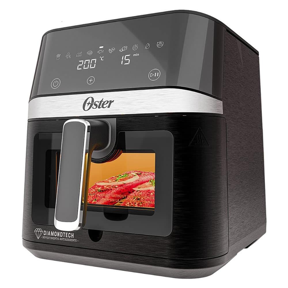Fritadeira digital Oster 6L com visor transparente DiamondTech, preto e prata