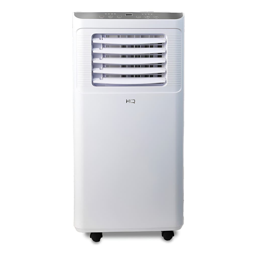 Ar condicionado portátil branco 8500 BTUs com logo HQ, fundo branco