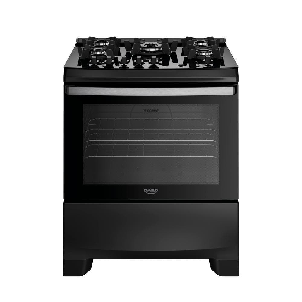 Fogão 5 bocas Dako Supreme com mesa de vidro e tripla chama, preto, contra fundo branco