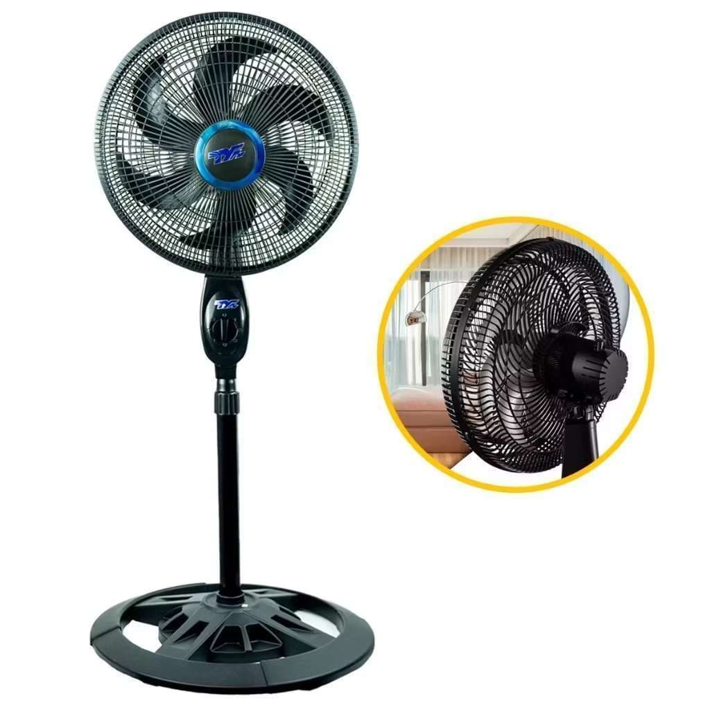 Ventilador de coluna preto 40cm com 6 pás, 110v/220v, design moderno, base circular.