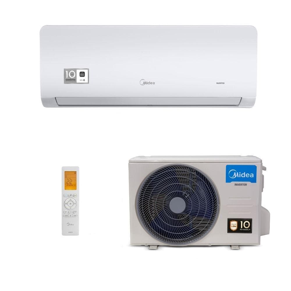 Ar Condicionado Split Inverter Midea Xtreme Save Con, unidade externa branca e unidade interna cinza com ventilador preto, controle remoto branco, fundo branco.