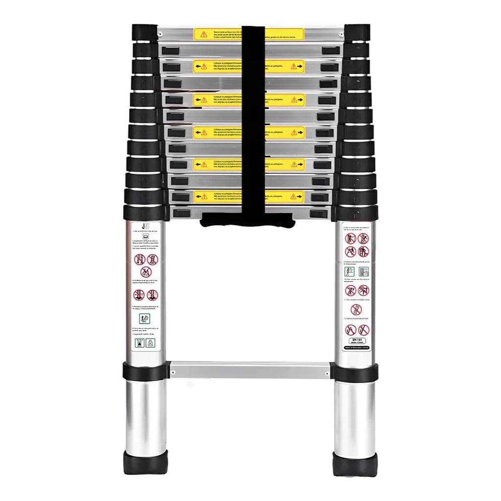 Escada telescópica inox 3,8m 13 degraus profissional com sistema de travamento e etiquetas de advertência