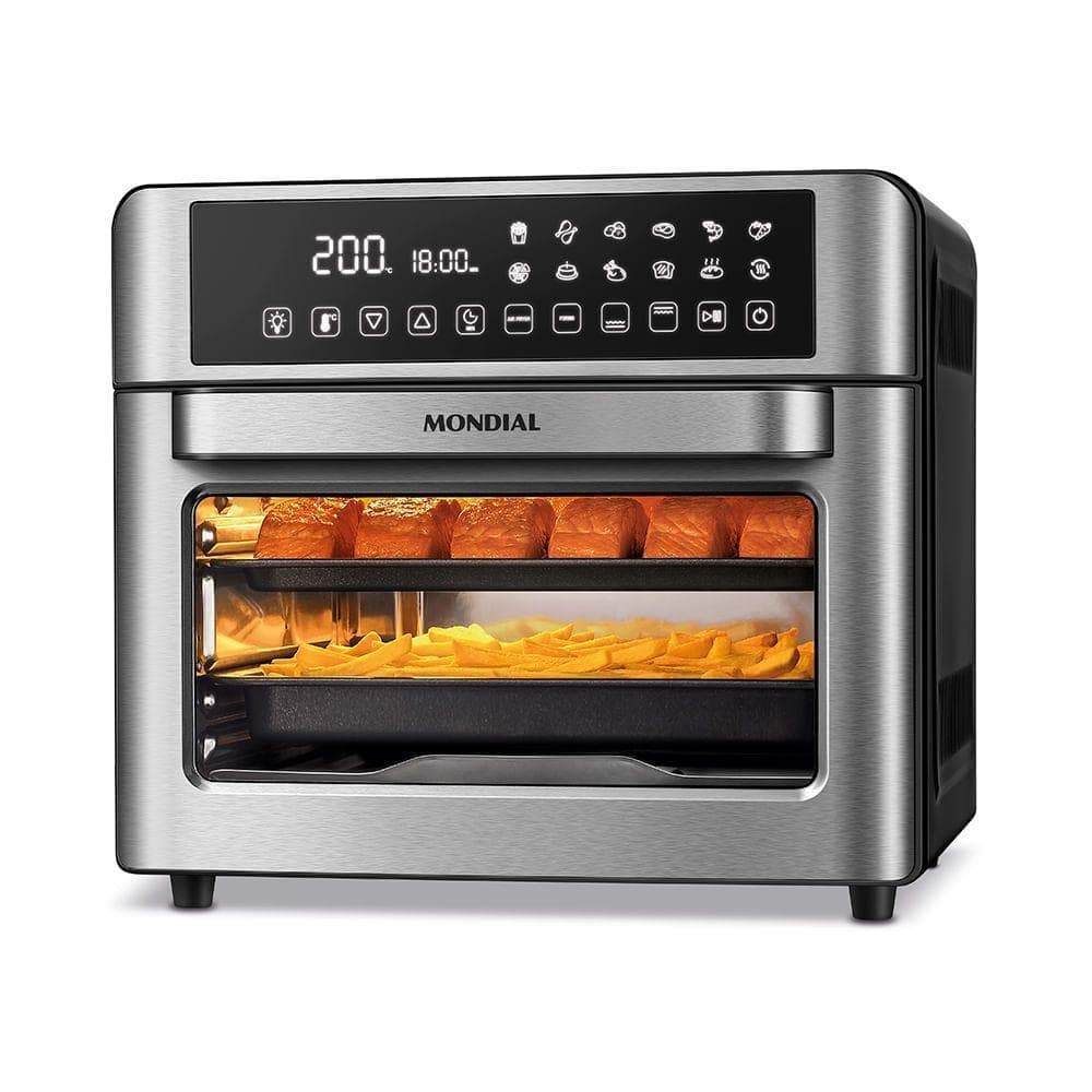 Fritadeira Air Fryer Forno Oven Digital 25L Mondial Preto Inox 220V 60Hz com alimentos assados