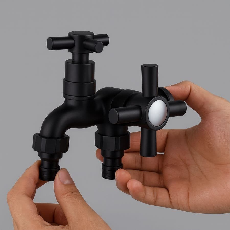 Torneiras Tanque e Máquina de Lavar Metal Preta Bico Jardim Dupla Saída Lavanderia Parede