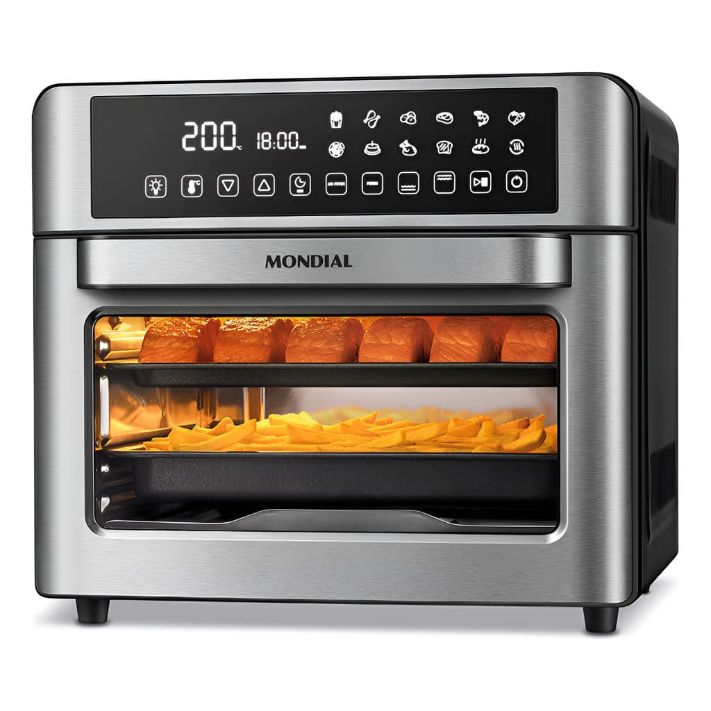 Fritadeira Air Fryer Forno Oven Digital 25l Mondial Afo-25l-bi com alimentos fritos e cozidos