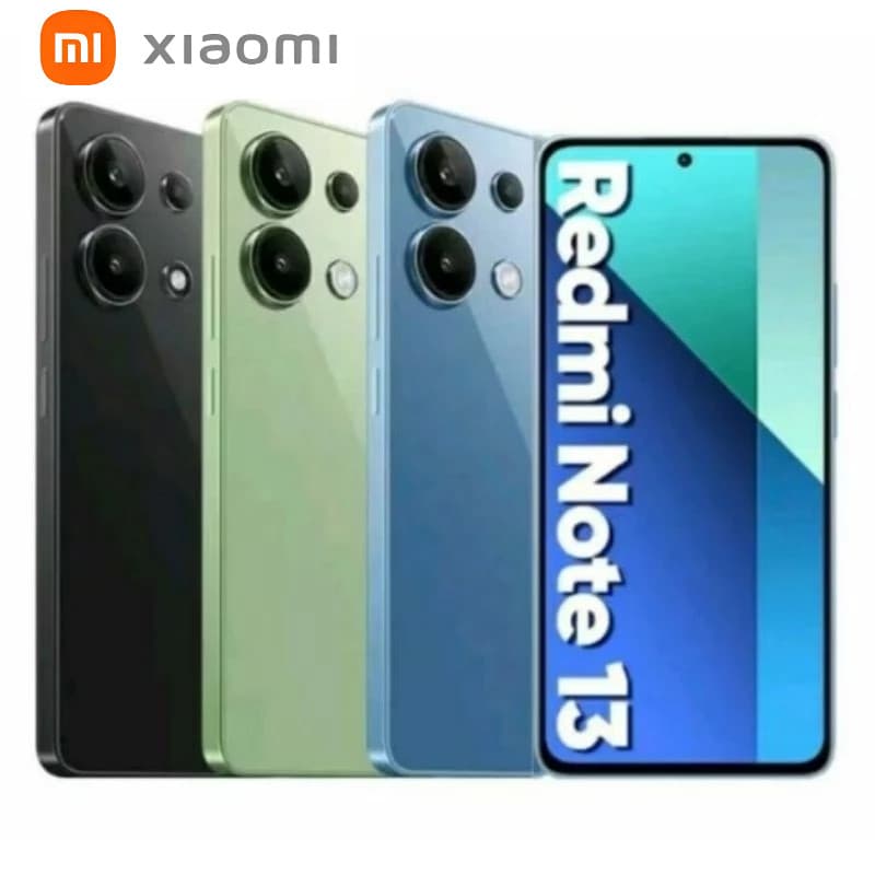 Xiaomi Redmi Note 13 5G em três cores: preto, verde e azul, com renderização frontal.