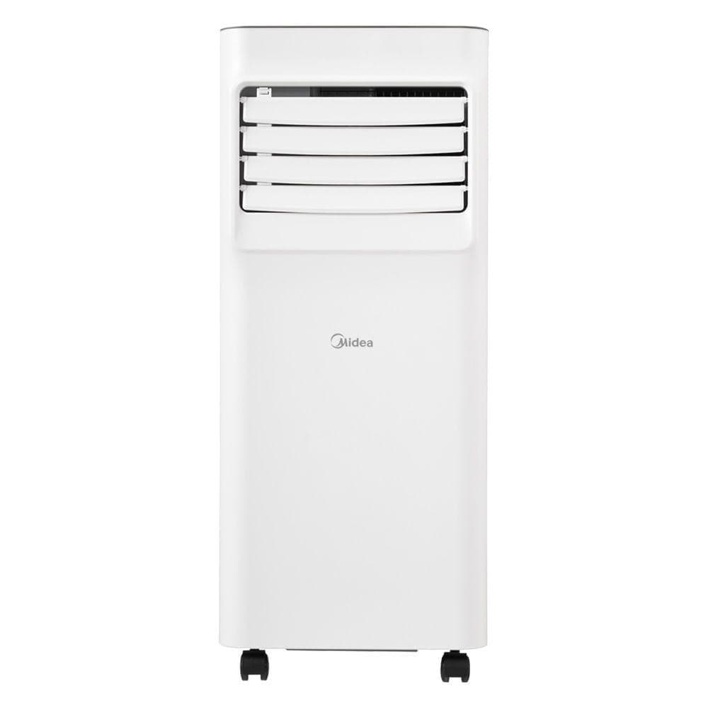 Ar condicionado portátil 12000 BTUs Midea branco com logo, vista frontal