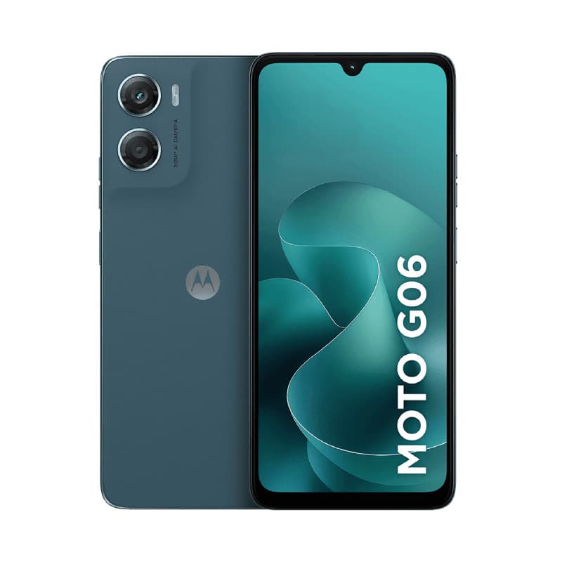 Smartphone Motorola Moto G06 cinza escuro com câmera dupla e logotipo frontal e traseiro