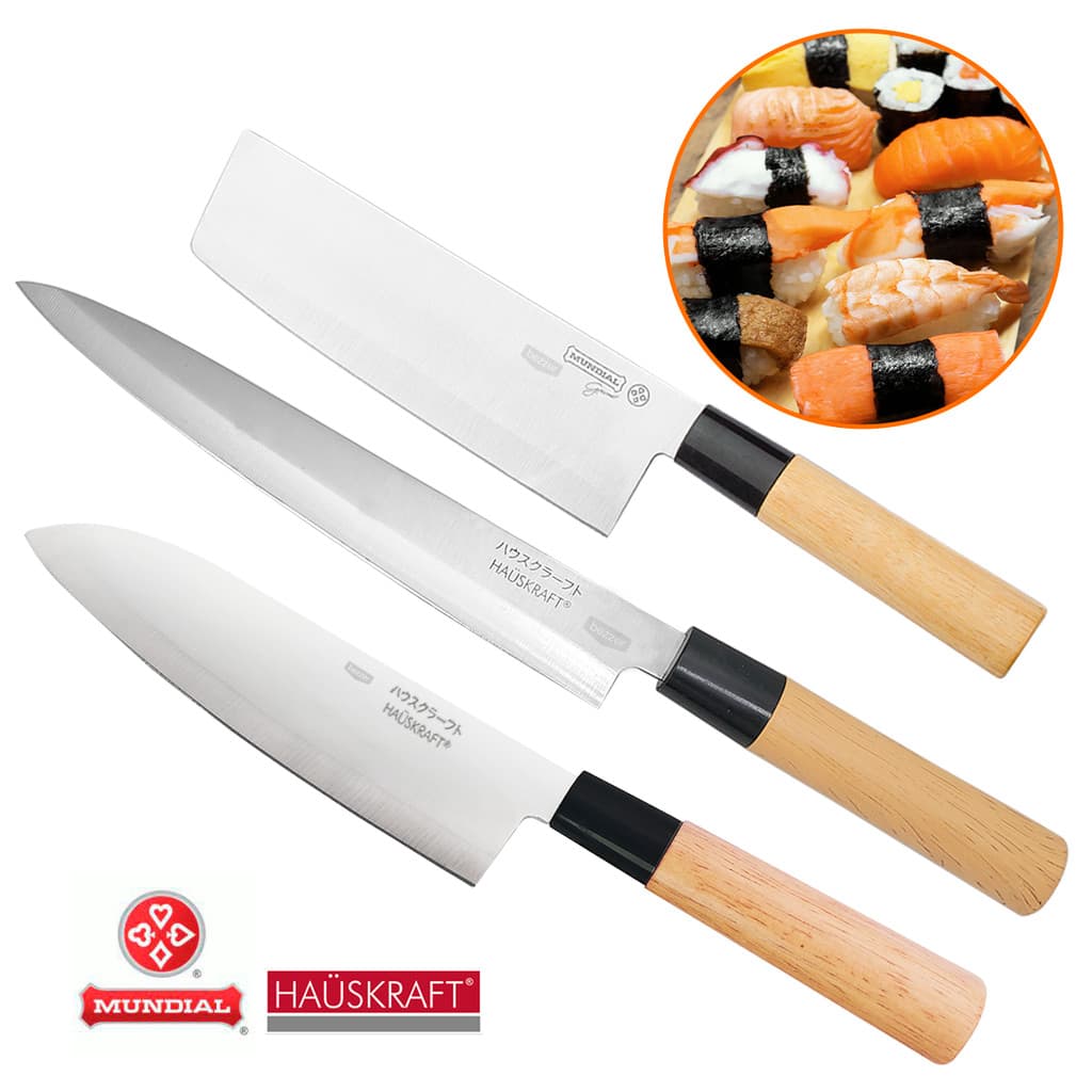 Jogo de três facas japonesas de aço inoxidável com cabos de madeira para sushi e sashimi