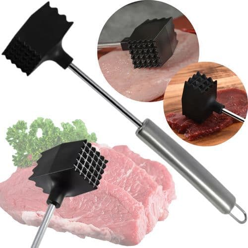 Martelo amaciador de carne 26cm com cabo metálico e cabeça preta texturizada para amolecer bifes manualmente