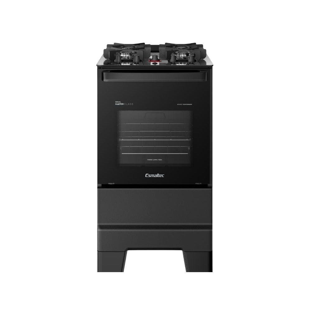 Fogão Esmaltec 4 Bocas Ideal Master Glass Mesa De Vidro Forno 50 Litros Preto
