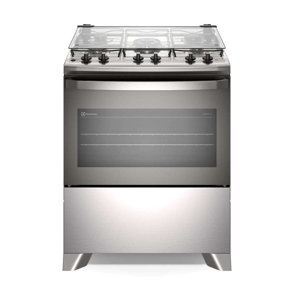 Fogão Electrolux 5 bocas cinza com mesa de inox, tecnologia PerfectCook e VaporBake®