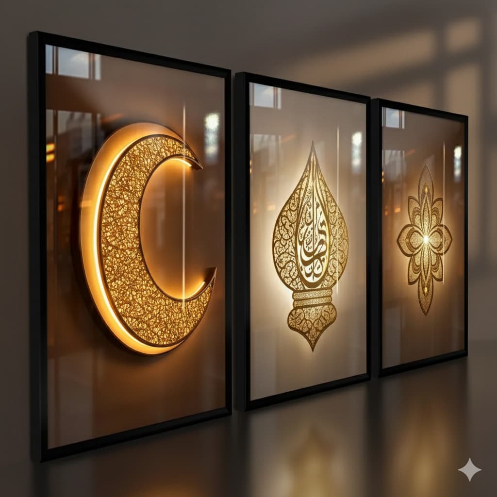 Quadros decorativos abstratos árabes com motivos de lua, flor e lanterna em dourado.