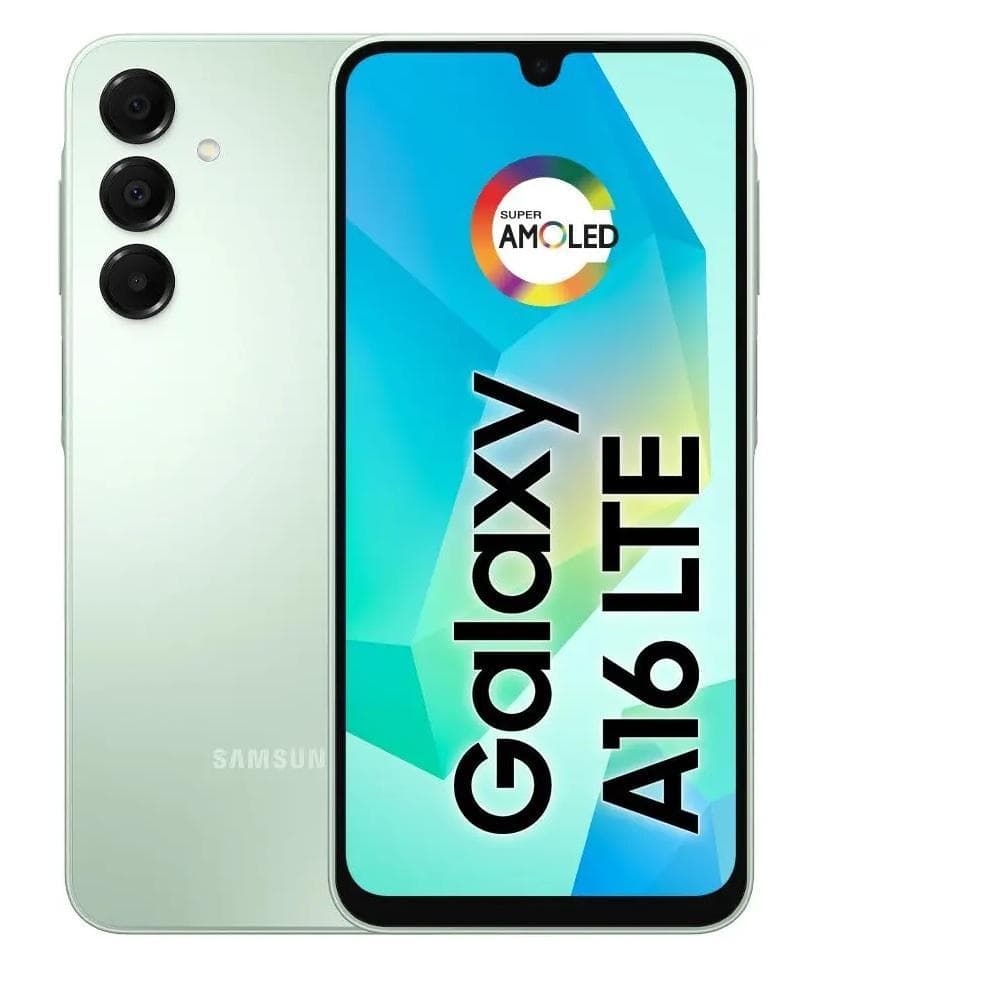 Smartphone Samsung Galaxy A16 4G LTE 128GB 4GB RAM 6.7' Verde Claro, vista lateral com câmeras e tela visível.
