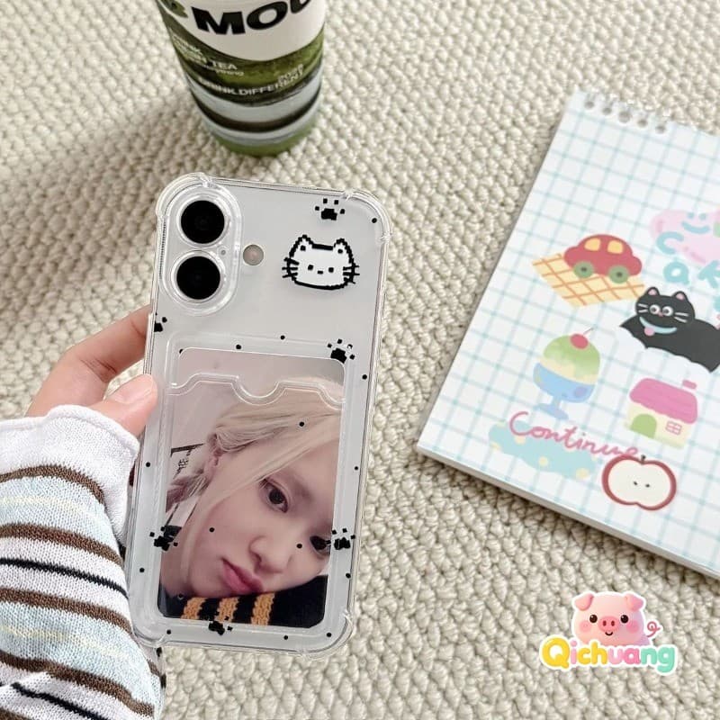 Capa transparente Hello Kitty para celular com porta-cartões, design de bolinhas pretas e gato branco