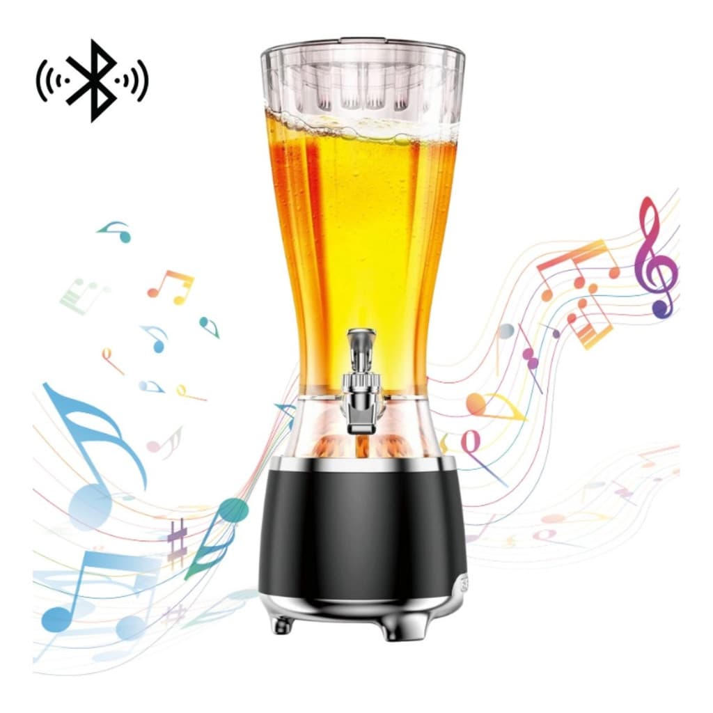 Torre de chopp com caixa de som Bluetooth e LED, 2,5 litros, fundo branco com notas musicais.