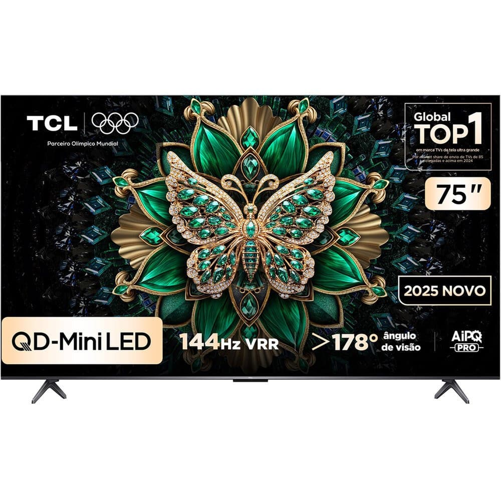 Smart TV TCL 75 polegadas 4K UHD QLED Mini LED Android com imagem de borboleta decorada