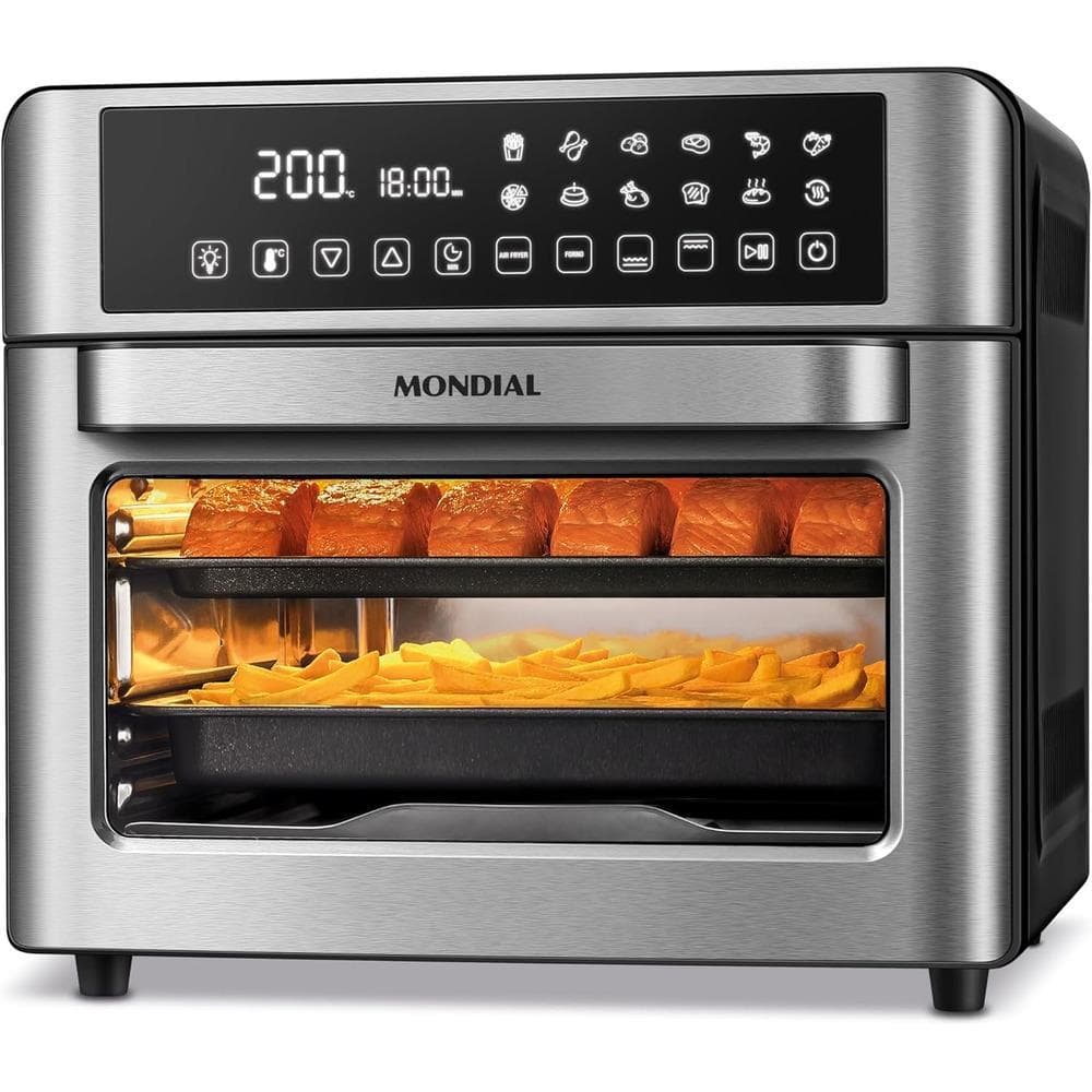 Fritadeira Air Fryer Mondial 220v AFO-25L-BI em aço inoxidável com alimentos prontos