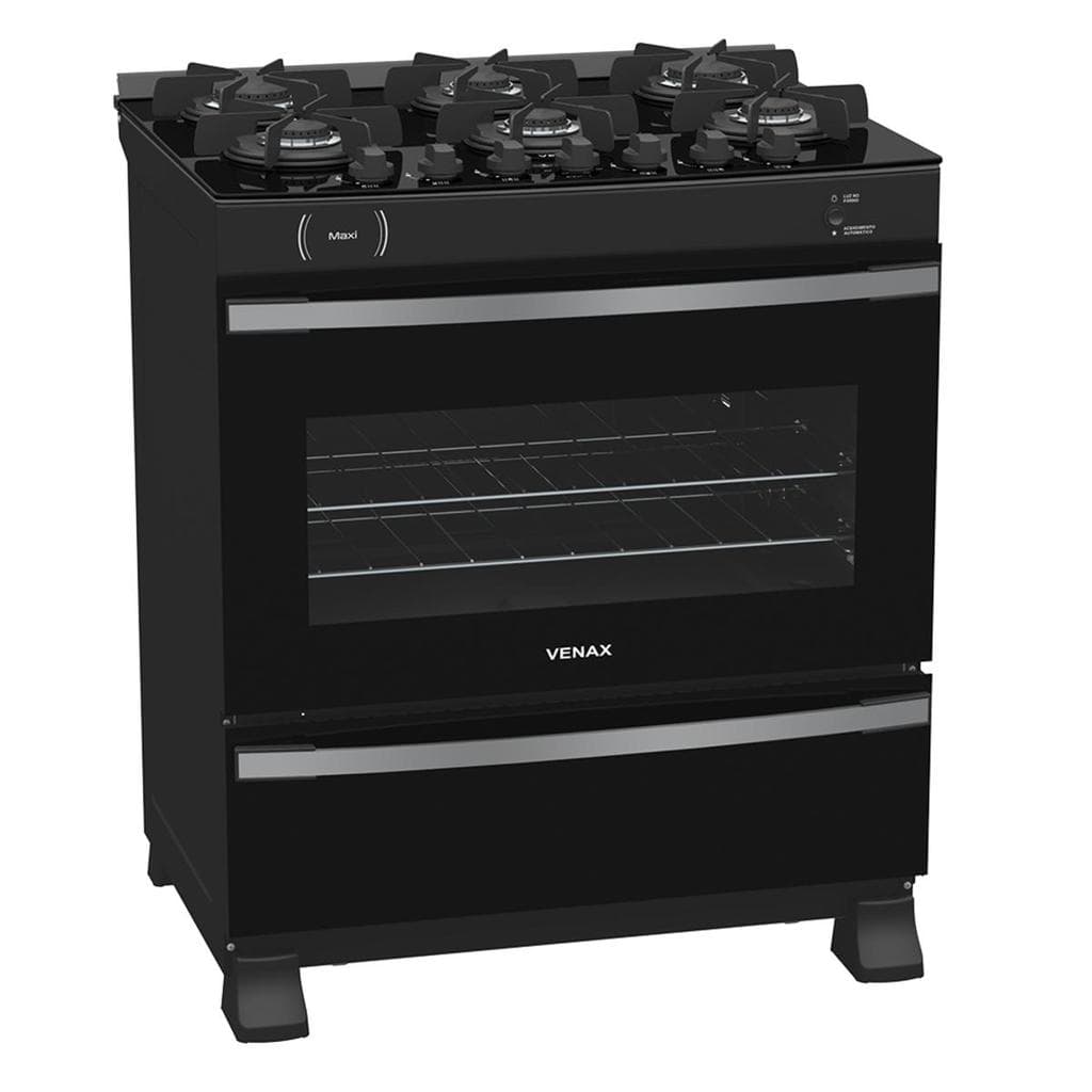 Fogao 6 Bocas Venax Maxi Vitreo Preto Fosco Gas Glp com acabamento em vidro e detalhes metálicos