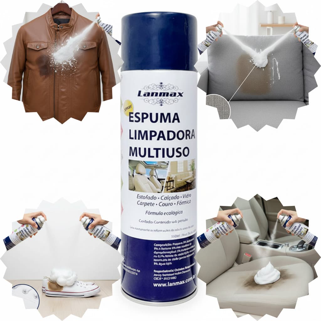 Espuma Limpadora Multiuso 550ml A Seco Para Estofados, Carros, Couro, Carpetes, Vidros E Calçados; Limpeza Tira Manchas