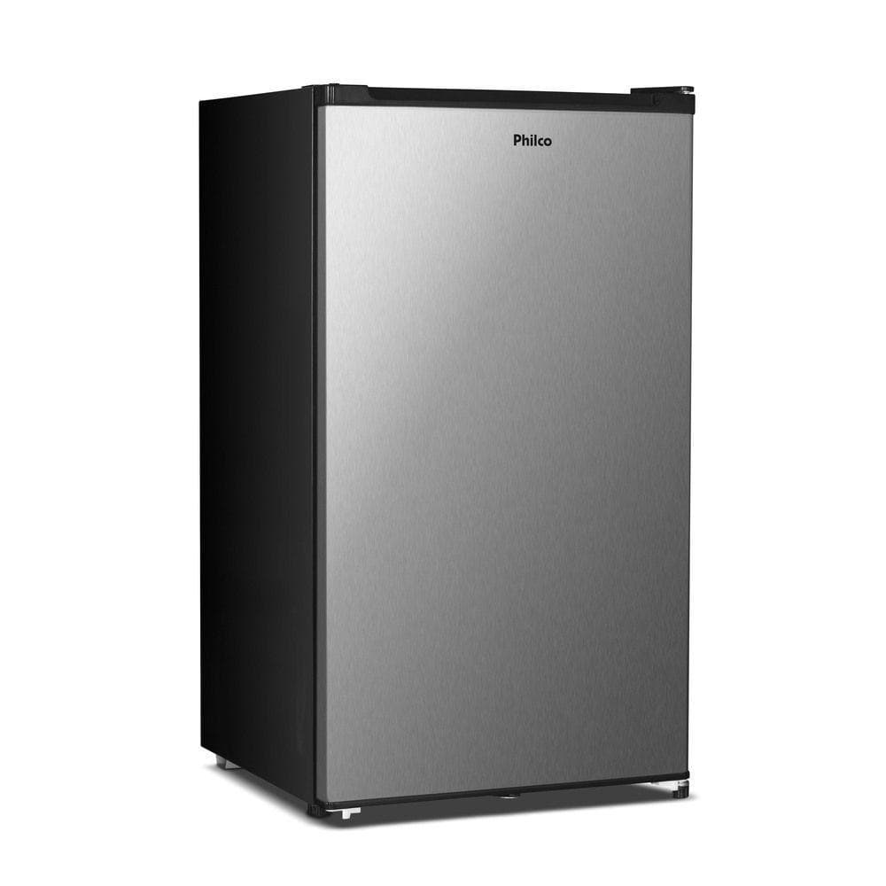 Frigobar Philco PFG111I 92L Inox 220V em pé, frente, fundo branco, aço inoxidável, logo Philco