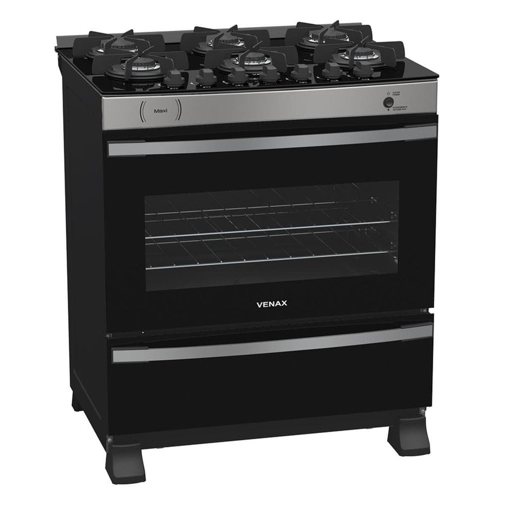 Fogao a gas 6 bocas Venax com acabamento em inox e vidro preto