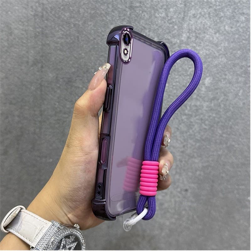 Capa de telefone transparente violeta para smartphone com alça roxa e anel rosa