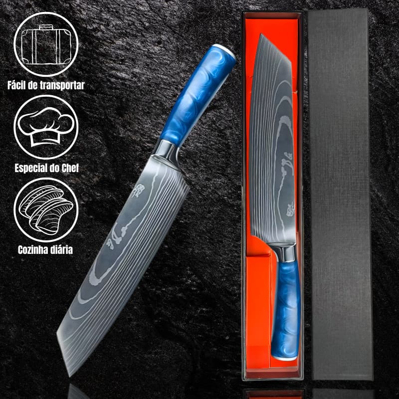 Faca Do Chef 8 Pol. Acabamento Aço Damasco Ocean King Cor Azul