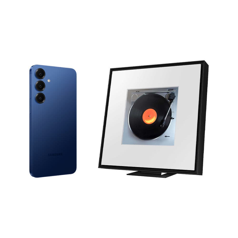 Combo Samsung Galaxy S25 5G e Music Frame LS60D, smartphone azul e quadro preto com toca-discos