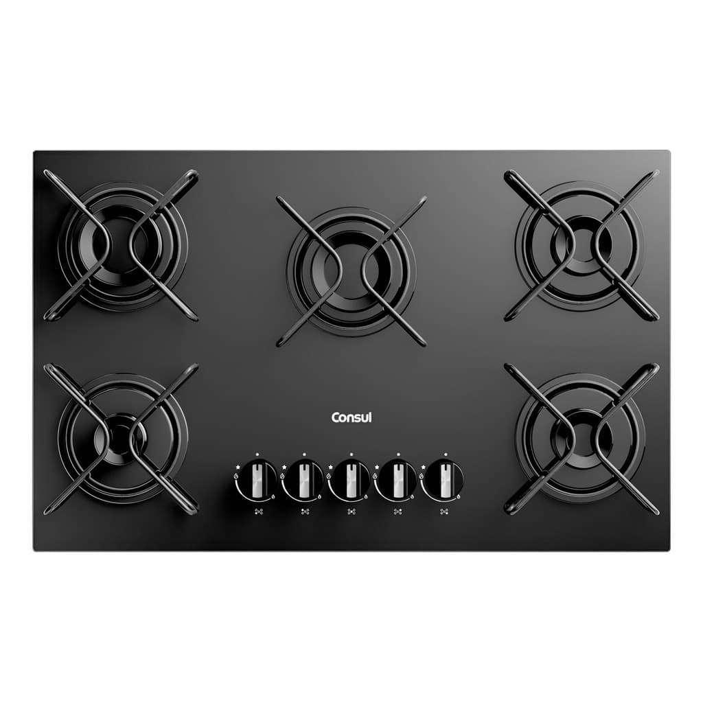 Cooktop 5 Bocas Gas Bivolt Vidro Preto 73x46cm - Consul