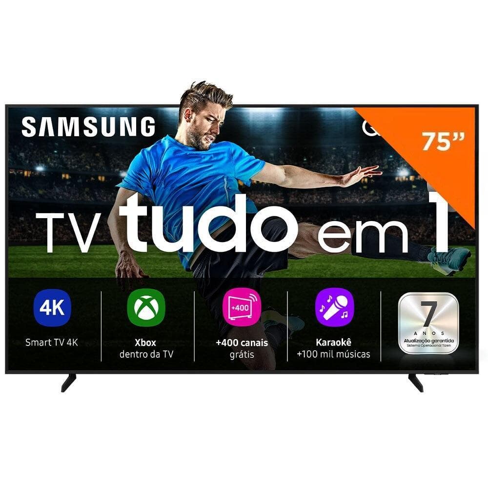 Smart TV Samsung 75 Polegadas QLED 4K, Processador com AI - QN75Q7FAA 2025, exibindo interface com recursos 4K, Xbox, +400 canais grátis e karaokê.