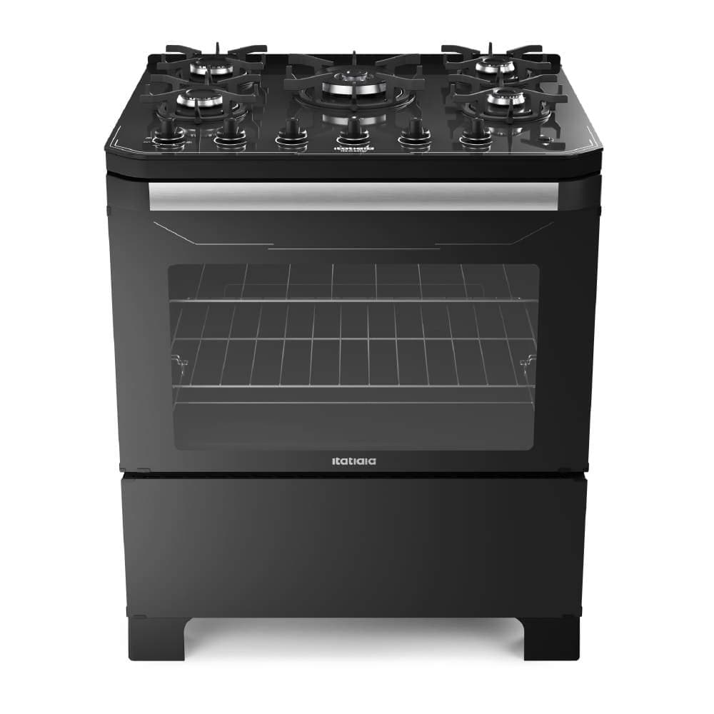 Fogão à gás Itatiaia Itamaster 5 bocas preto mesa vidro bivolt