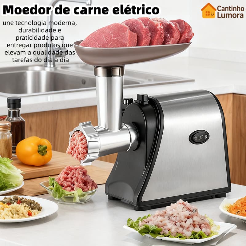 Moedor de Carne Elétrico 1500W Aço Inox 110/220V com Funil para Linguiça e 3 Discos de Corte