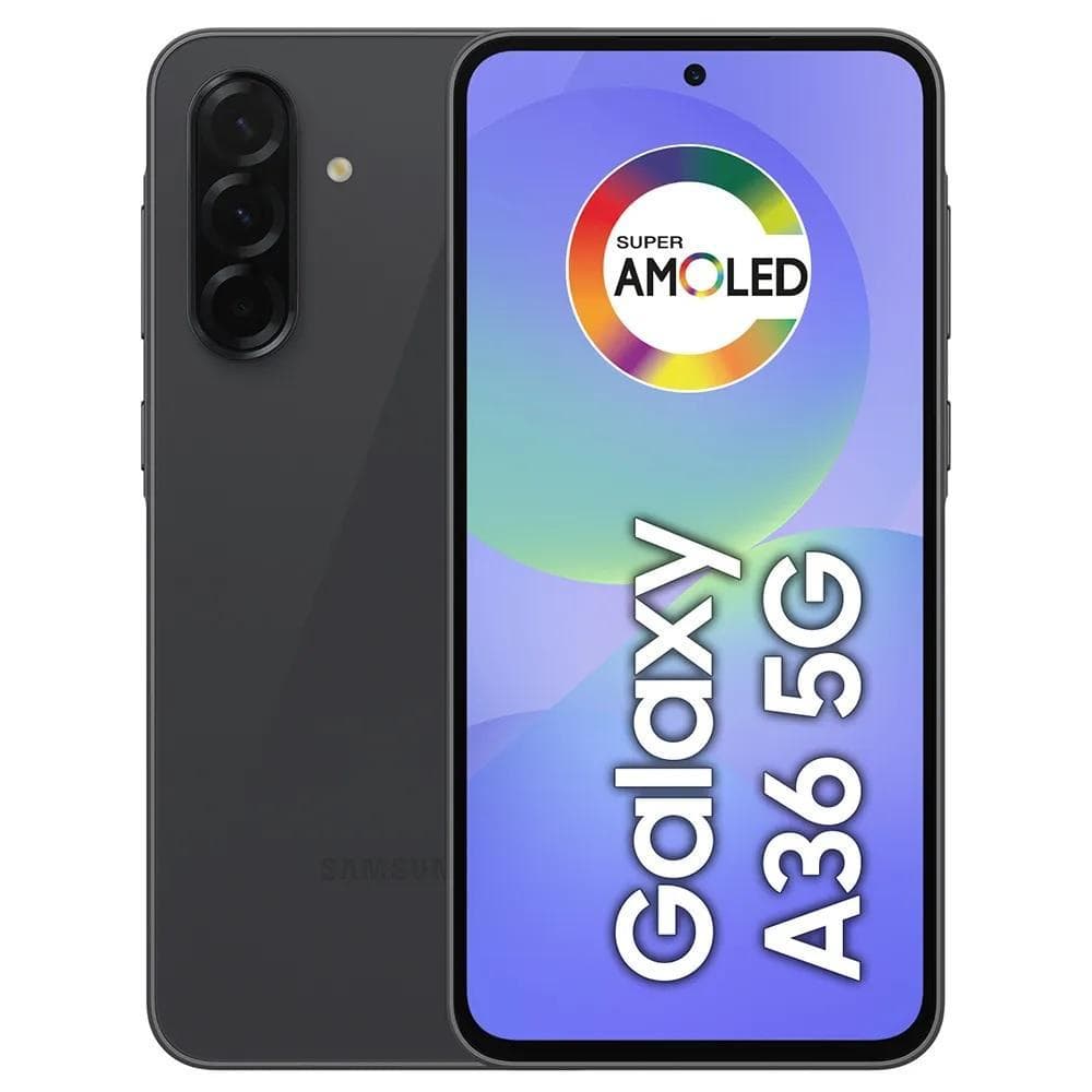 Smartphone Samsung Galaxy A36 5G 128GB 6GB RAM com câmera tripla traseira de até 50MP e tela de 6.7 polegadas, cor preta.