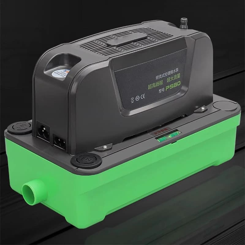 Bomba de drenagem verde e preta para ar condicionado com display digital e botão verde