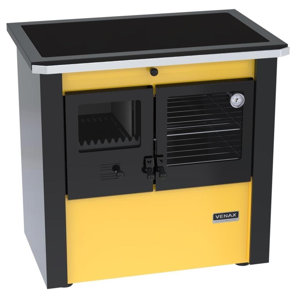 Fogao a lenha N 2 Le Corbusier amarelo com design moderno, corpo principal em amarelo brilhante, compartimento de combustível em preto, porta de vidro com grade de arame, painel de controle com botão e medidor de pressão, marca Venax visível na parte inferior.