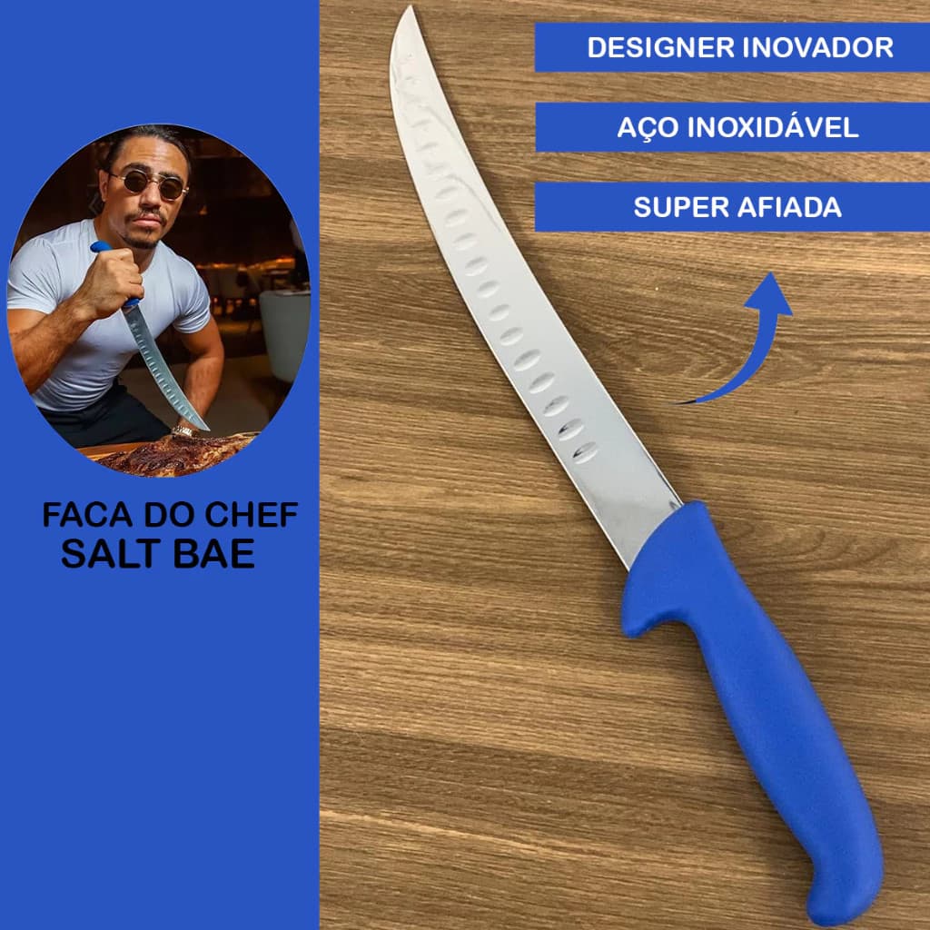 Faca artesanal de churrasco em aço inoxidável estilo Salt Bae Chef com lâmina de 10 polegadas e cabo híbrido de resina azul
