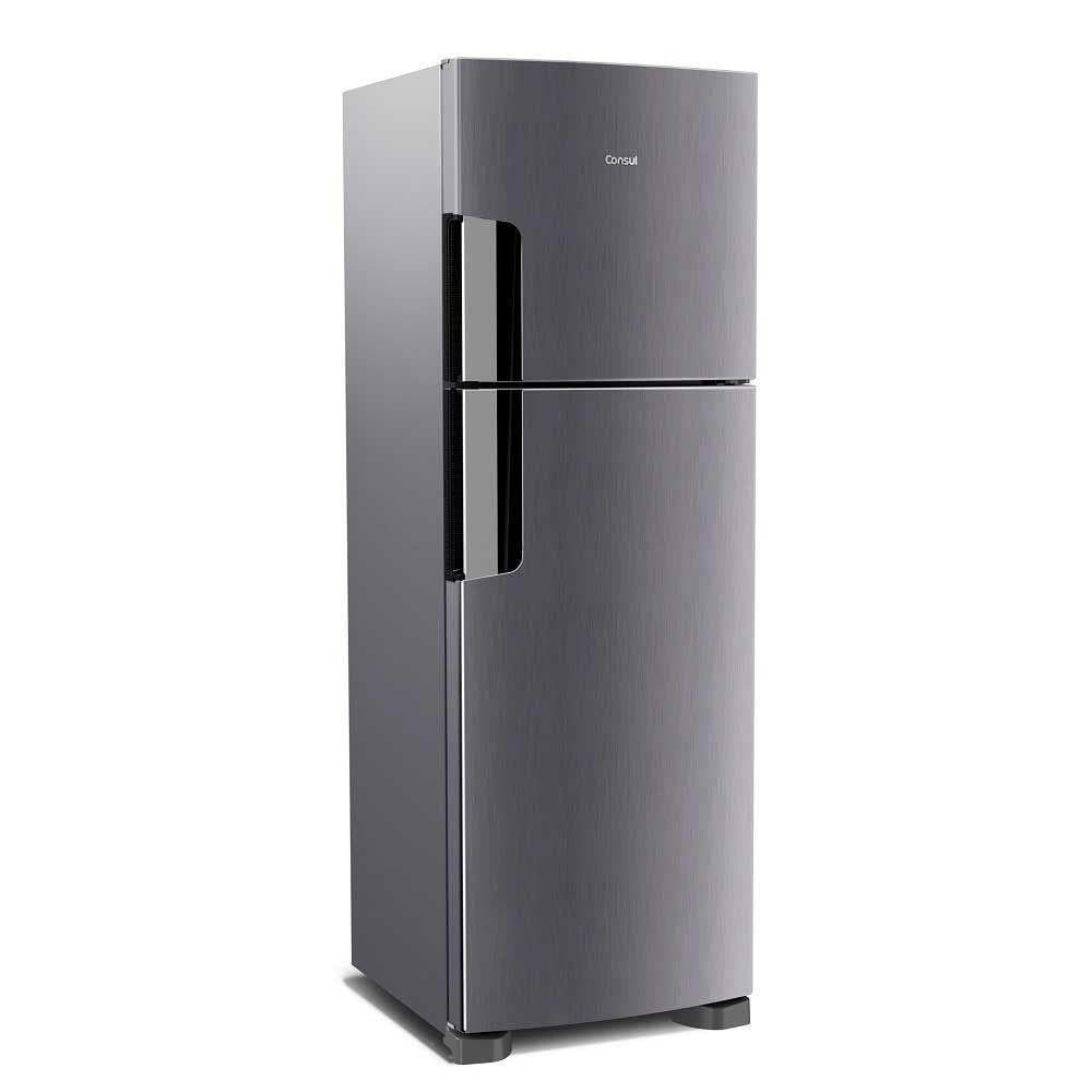 Geladeira Consul Duplex CRM44AK 386 Litros Frost Free, aço inoxidável, frente, fundo branco
