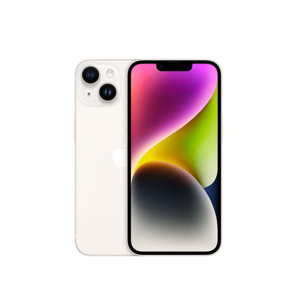 Imagem frontal do Apple iPhone 14 256GB Estelar branco com tela multicolorida