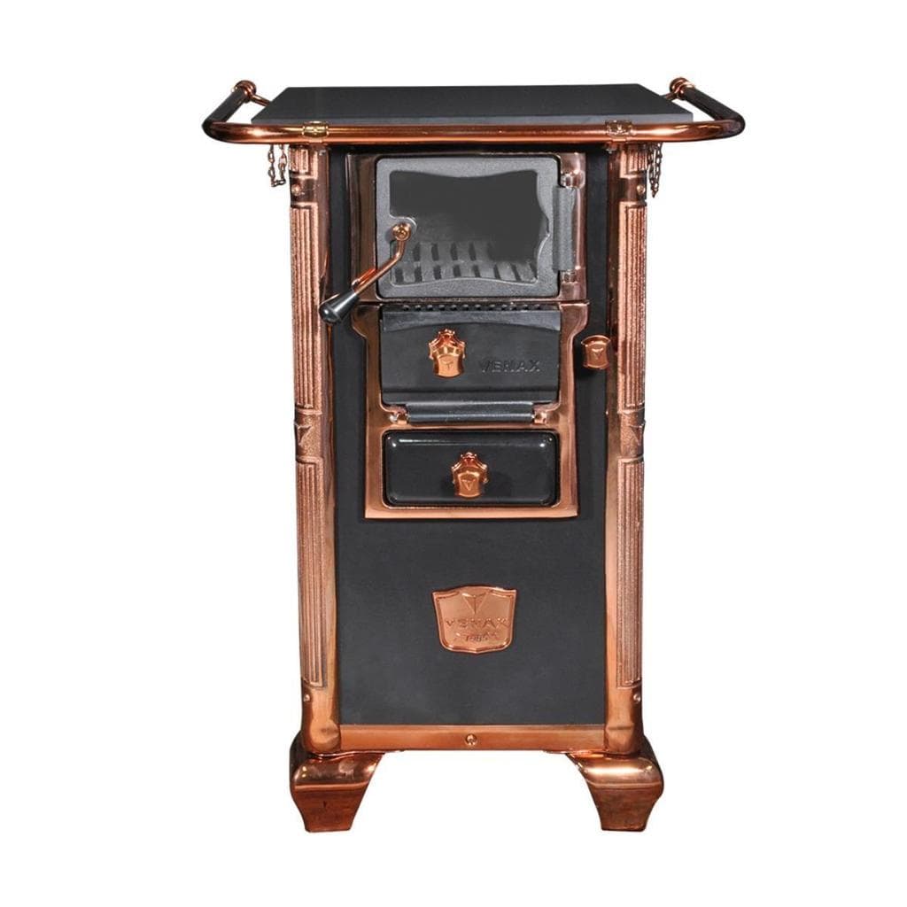Fogão a lenha elegante preto e rose gold com detalhes em cobre