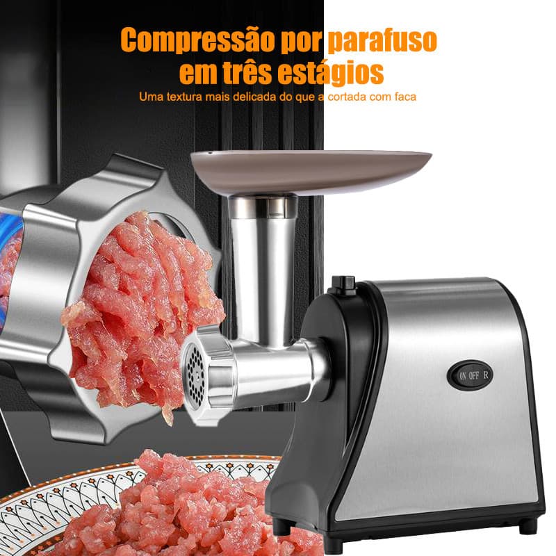 Moedor de Carne Elétrico 1500W Aço Inox 110/220V com Funil para Linguiça e 3 Discos de Corte GABI