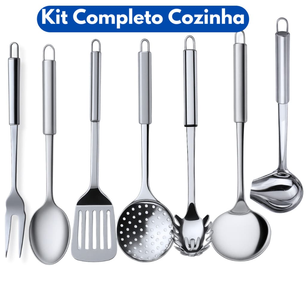 Kit 7 utensílios de cozinha inox com escumadeira, concha, colher de arroz, pegador, garfo, espátula e concha de caldo