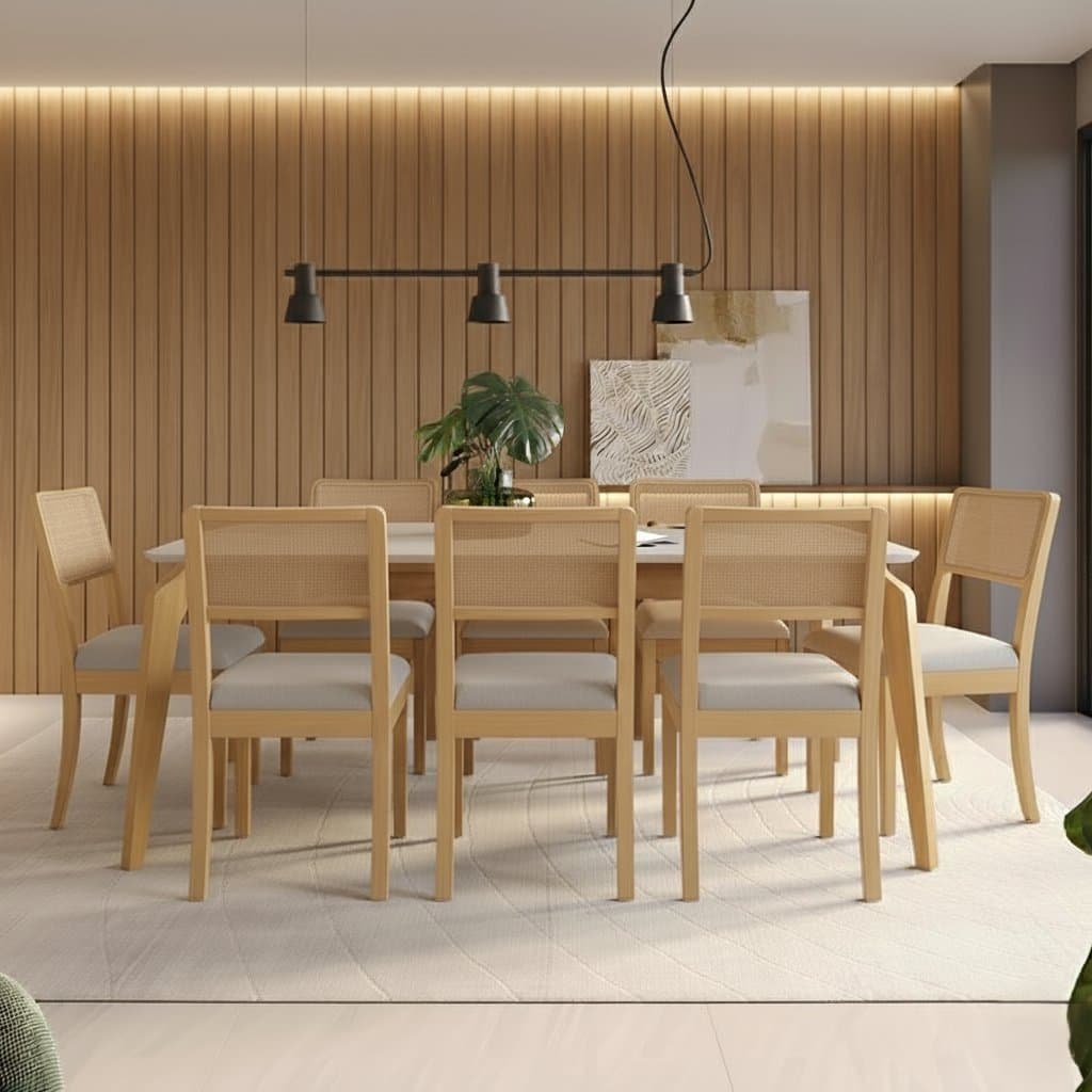 Sala de jantar com mesa e oito cadeiras de madeira maciça, tampo de vidro/MDF, cadeiras com encosto e assento cinza, iluminação pendente, parede de painéis verticais de madeira, planta em vaso, tapete branco.