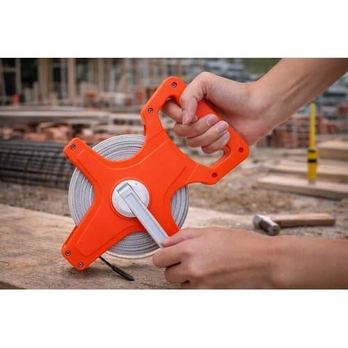 Fita métrica de 30 metros com manivela e trava automática em uso em um ambiente de construção