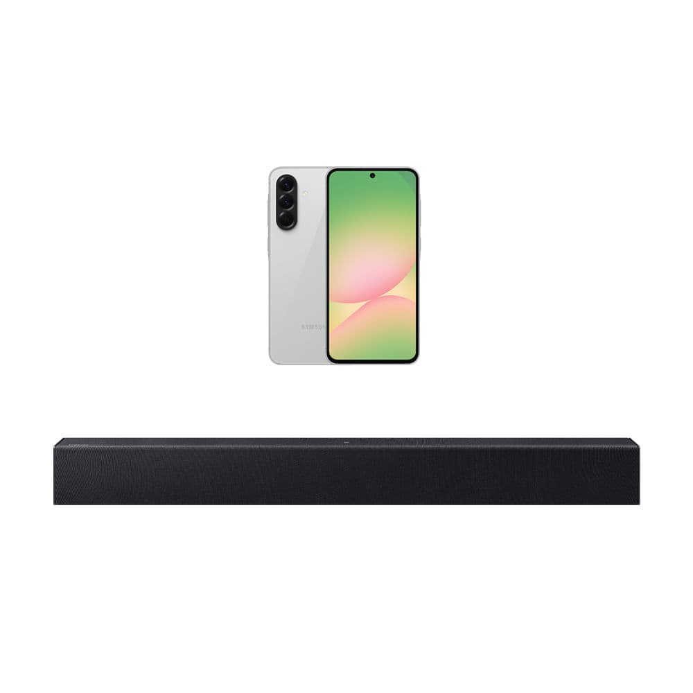 Smartphone Galaxy A56 5G 8GB RAM (256GB) cinza com soundbar preta em fundo branco