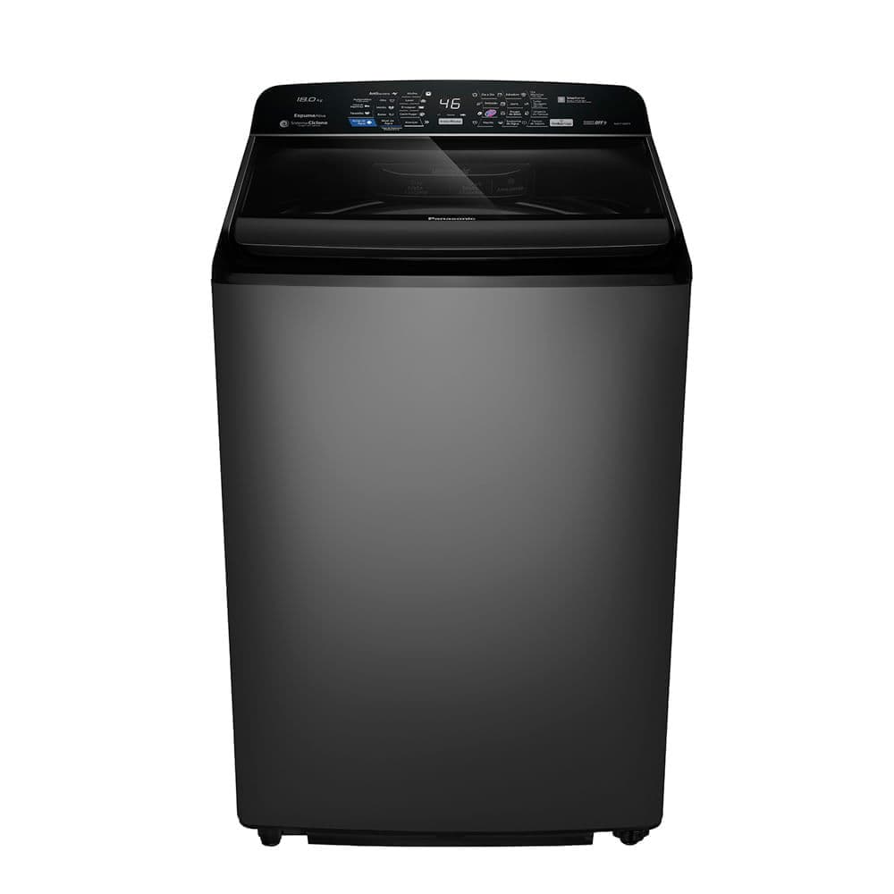 Máquina de lavar roupa Panasonic preta com painel digital e porta de vidro transparente